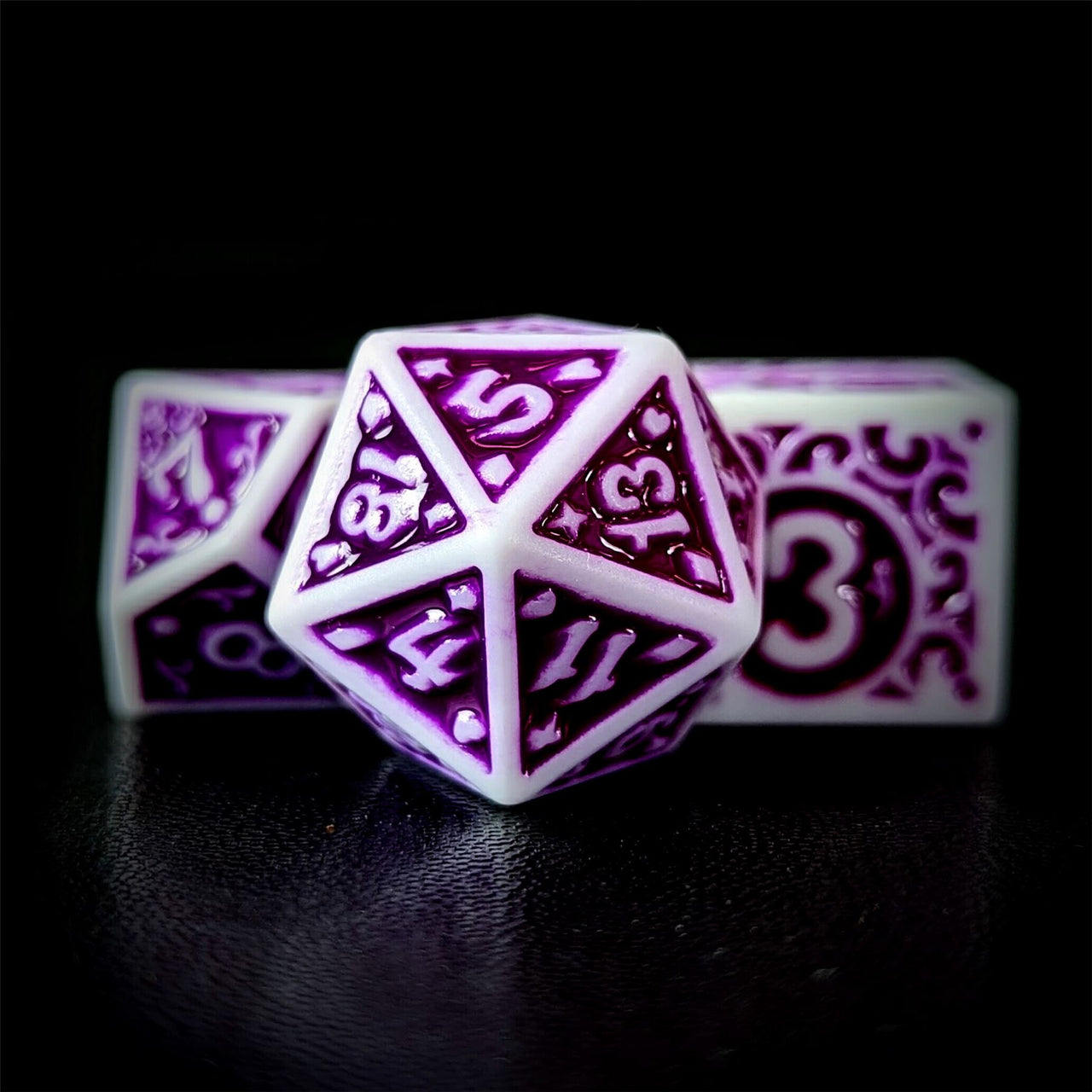 Purple Vines on White Acrylic - 7pcs RPG Full Dice Set Close