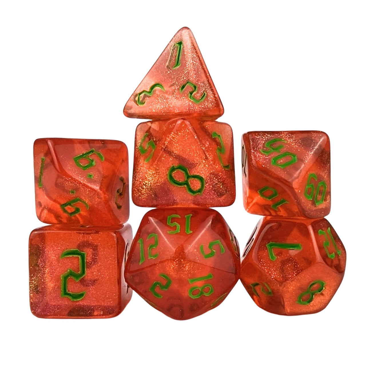 Glitter in Red Acrylic - 7pcs RPG Full Dice Set White Stack
