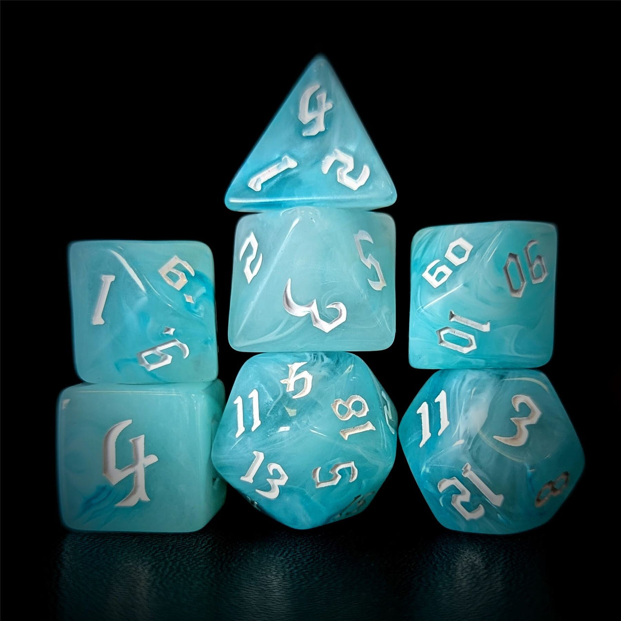 Light Blue Silk Acrylic - 7pcs RPG Full Dice Set Dark Stack