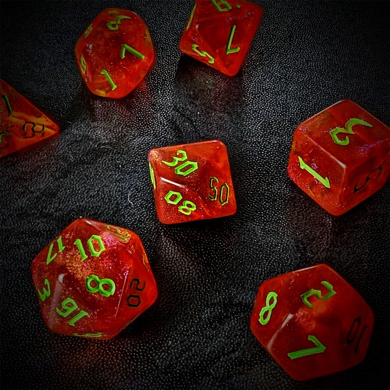 Glitter in Red Acrylic - 7pcs RPG Full Dice Set Scatter