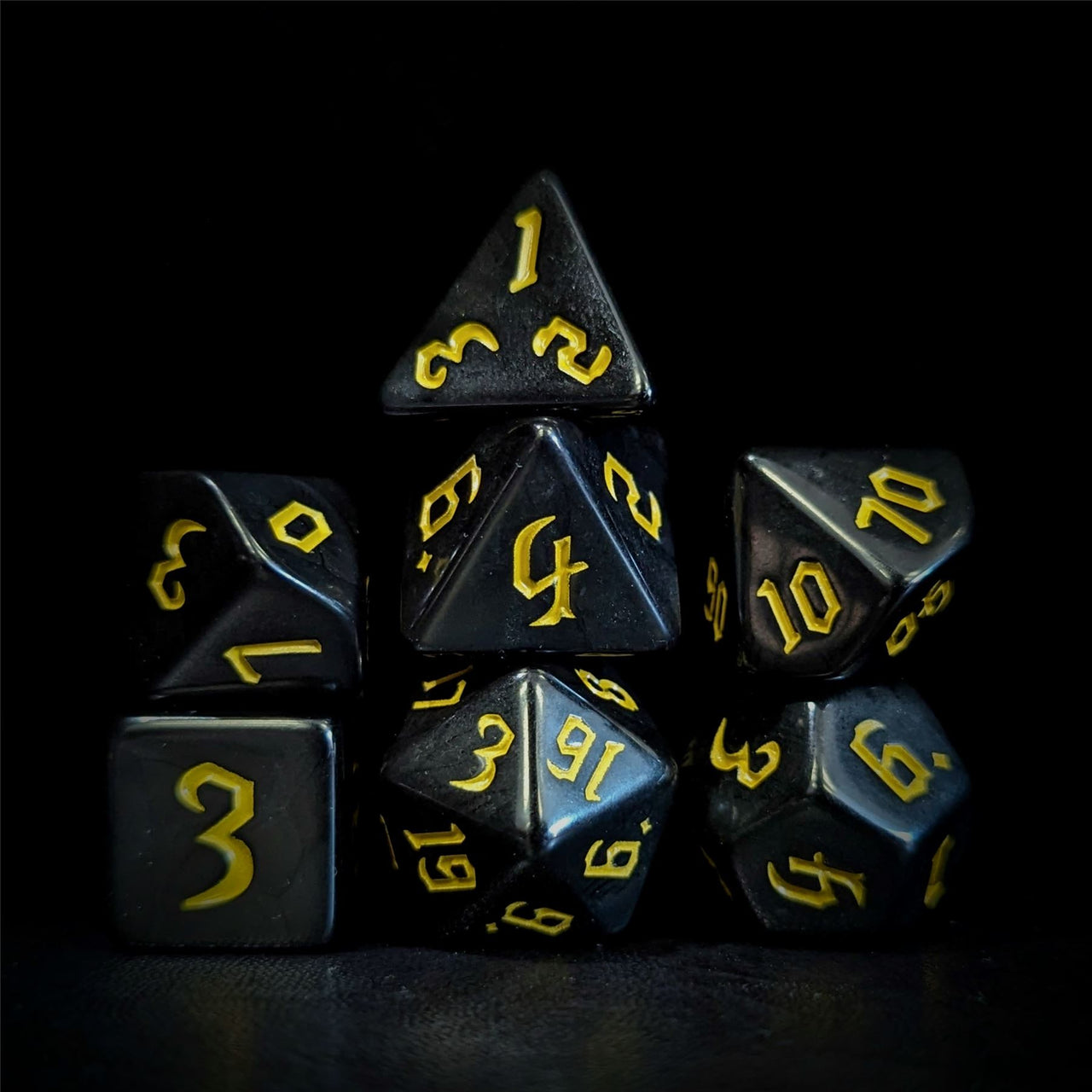 Yellow on Solid Black Acrylic - 7pcs RPG Full Dice Set Dark Stack