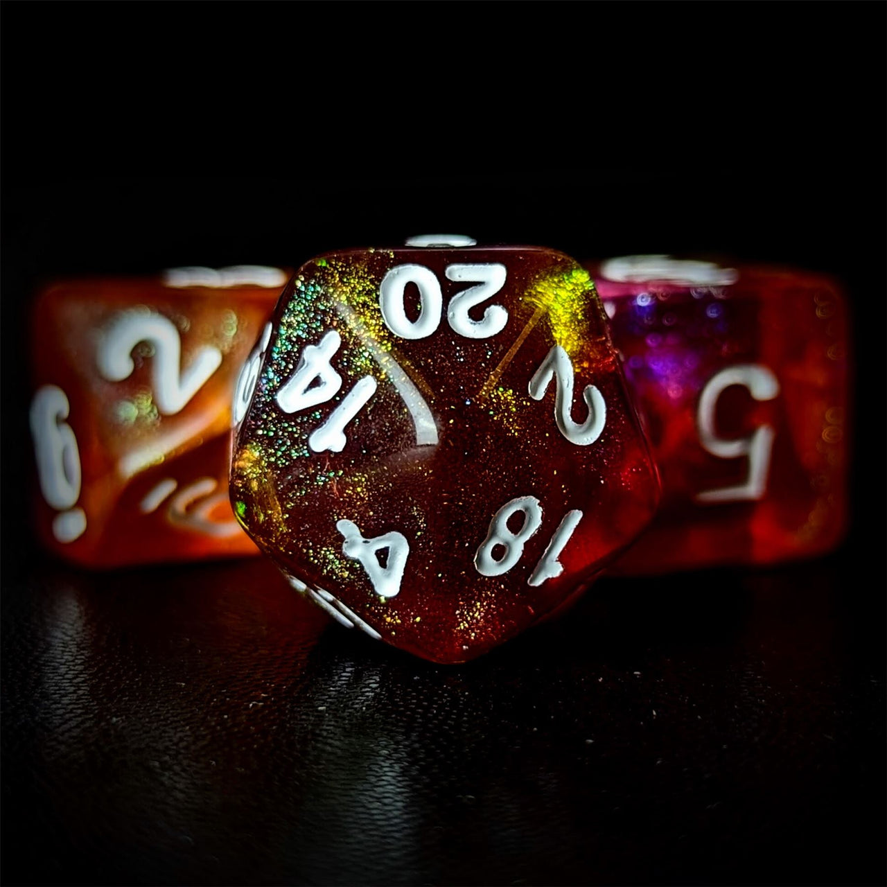 Glitter in Orange & Pink Acrylic - 7pcs RPG Full Dice Set Close