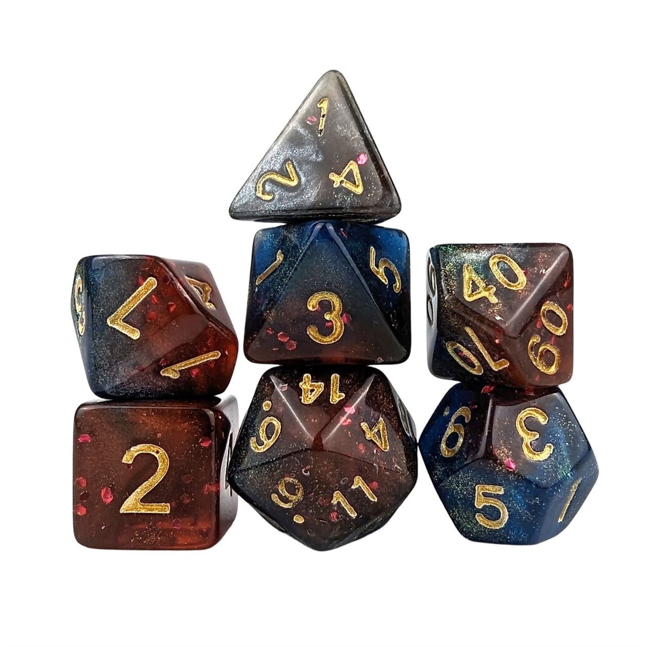 Glitter in Red & Blue Acrylic - 7pcs RPG Full Dice Set White Stack