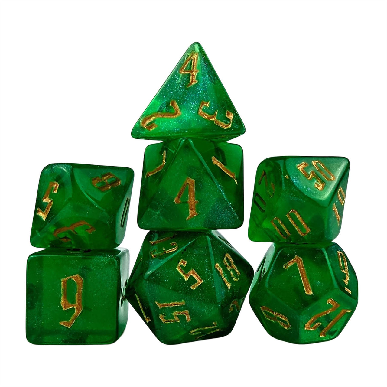 Glitter in Clear Green Acrylic - 7pcs RPG Full Dice Set White Stack