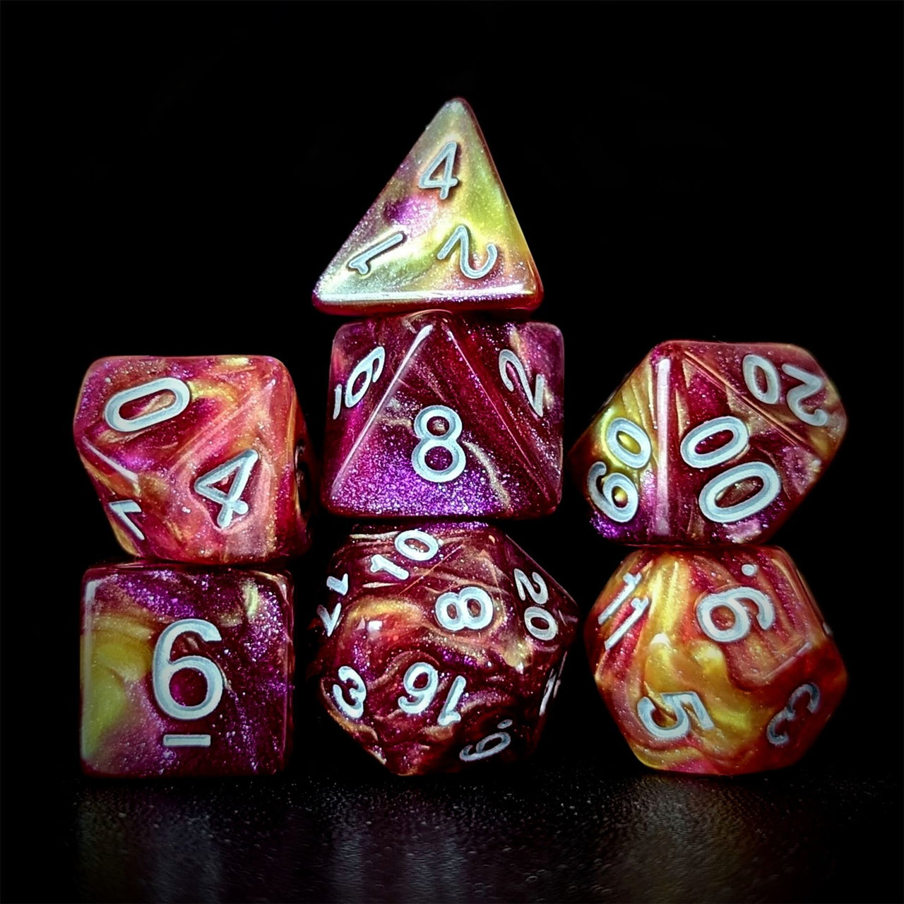 Glitter in Pink & Yellow Acrylic - 7pcs RPG Full Dice Set Dark Stack