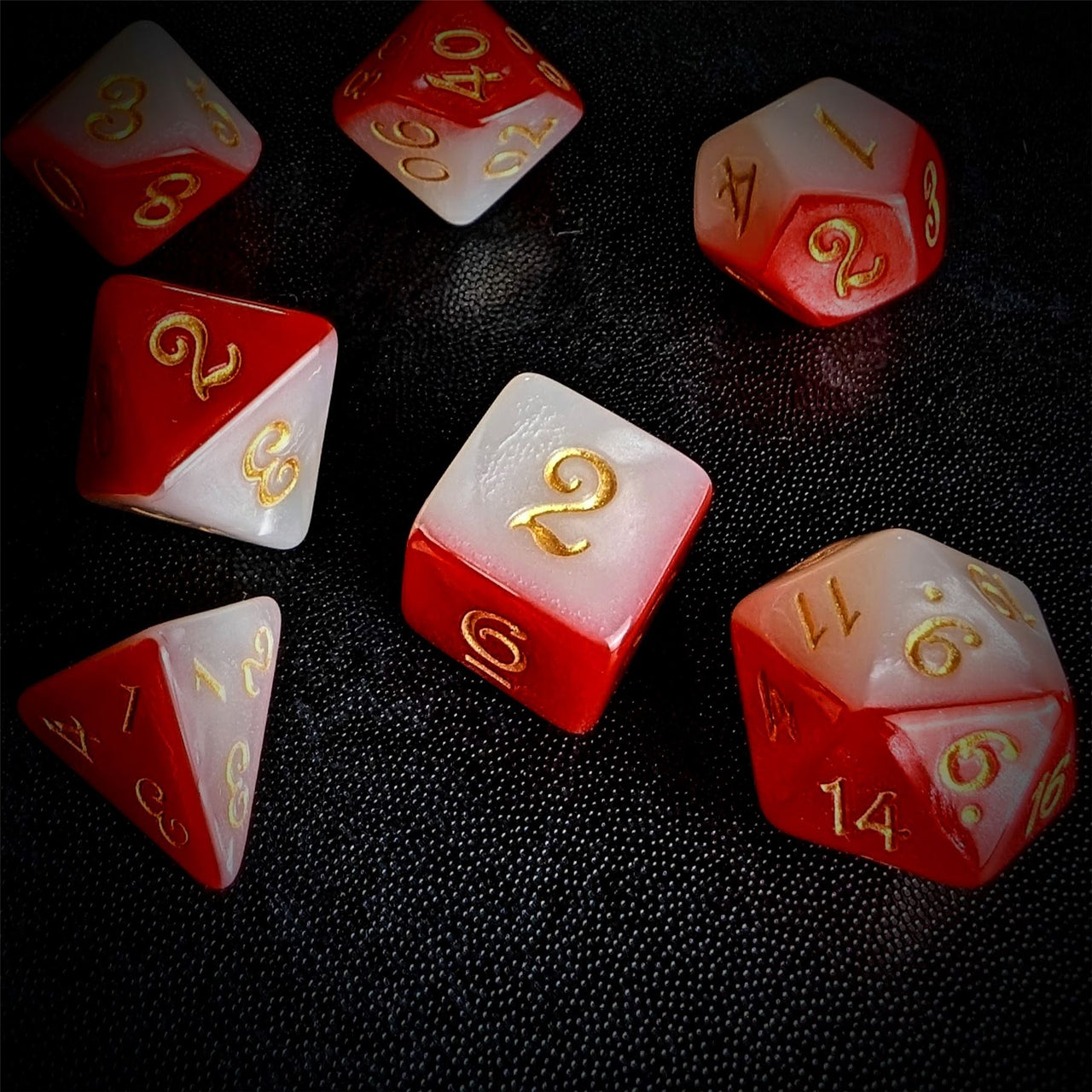 Blend of Red & White Acrylic - 7pcs RPG Full Dice Set Scatter