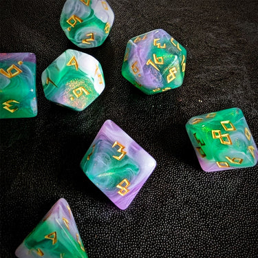 Glitter in Green & Purple Acrylic - 7pcs RPG Full Dice Set Scatter