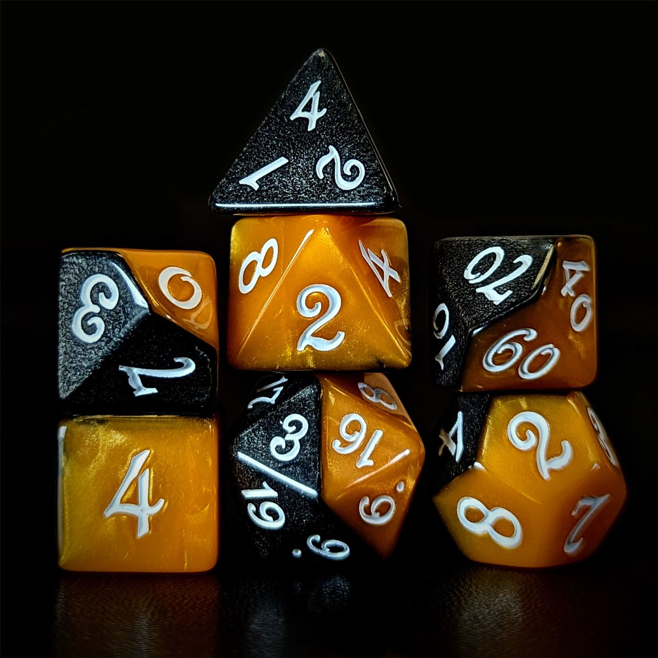 Blend of Black & Orange Acrylic - 7pcs RPG Full Dice Set Dark Stack