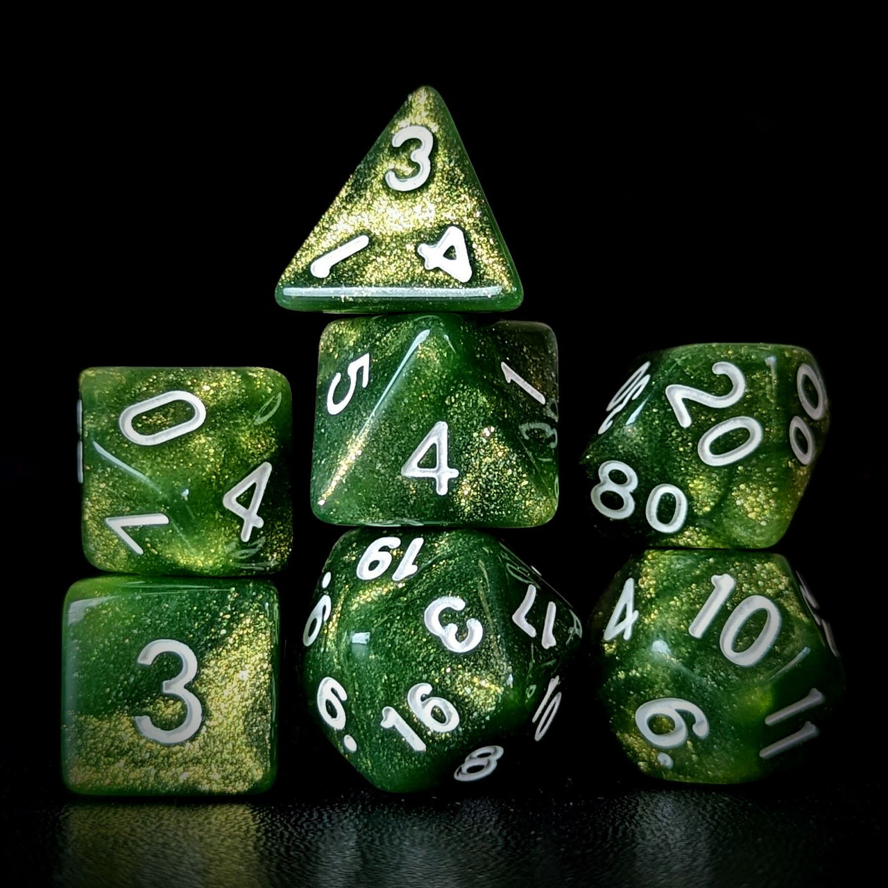 Glitter in Green Acrylic - 7pcs RPG Full Dice Set Dark Stack