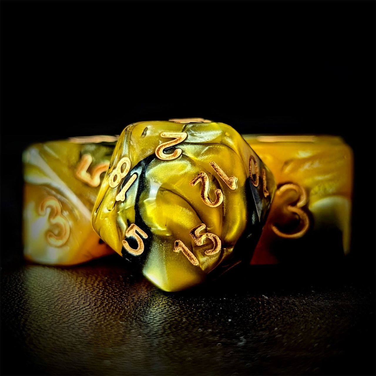 Blend of Black & Gold Acrylic - 7pcs RPG Full Dice Set Close