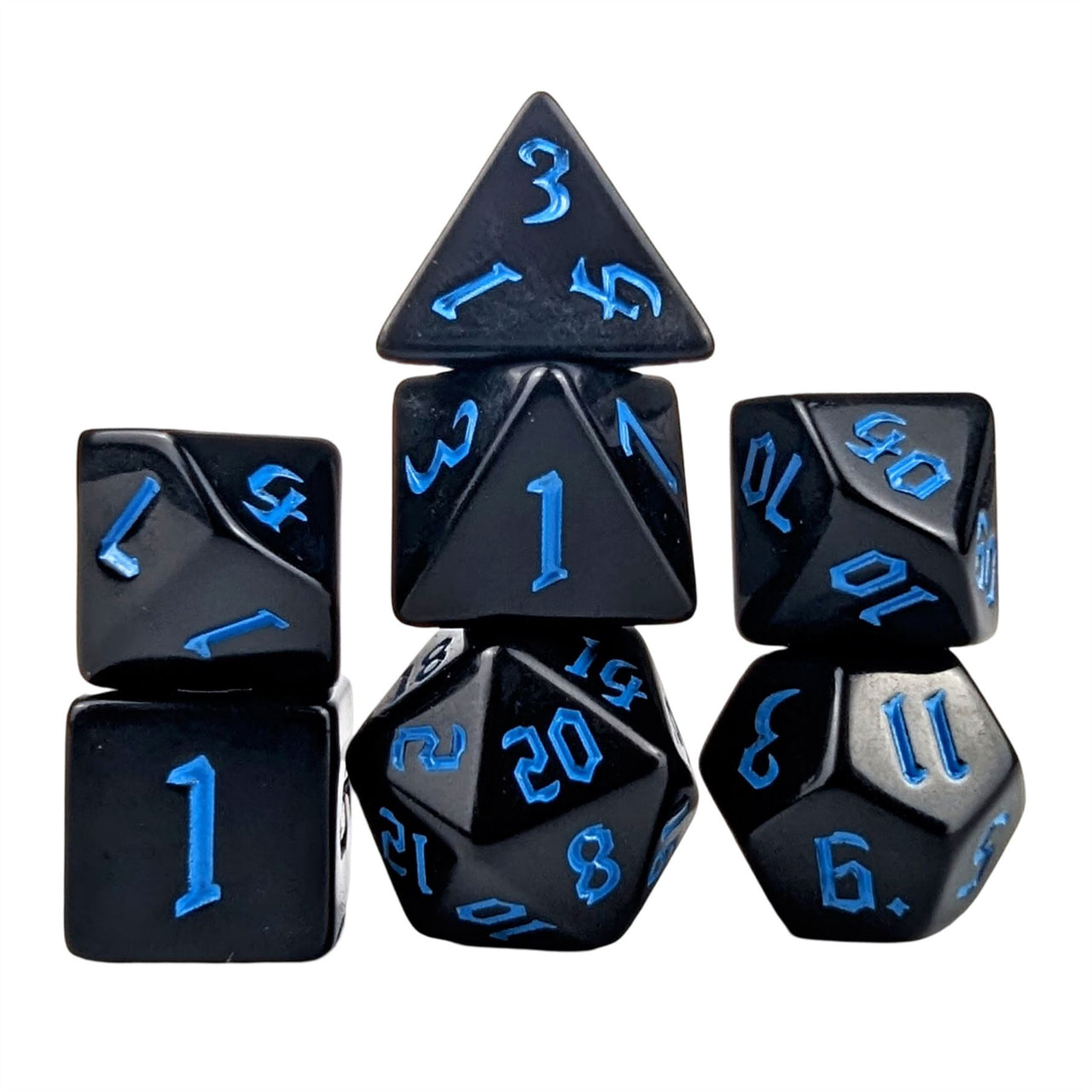 Blue on Solid Black Acrylic - 7pcs RPG Full Dice Set White Stack