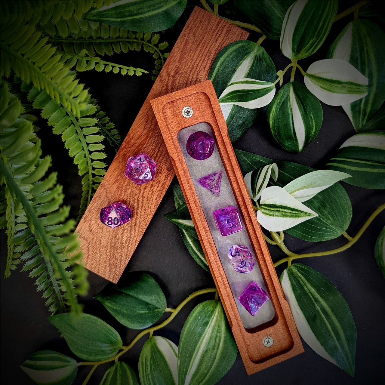 Glitter in Clear Pink Acrylic - 7pcs RPG Full Dice Set Box Setup