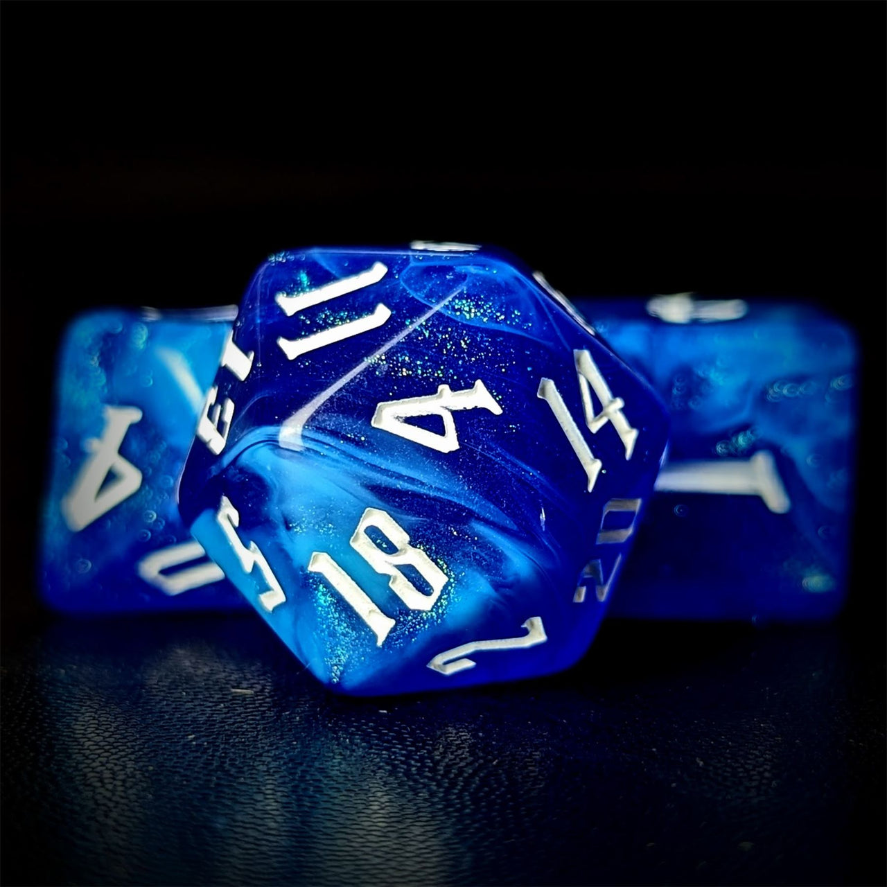 Glitter in Blue & White Acrylic - 7pcs RPG Full Dice Set Close