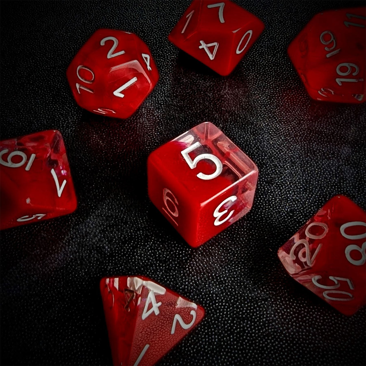Red Swirl in Clear Resin - 7pcs RPG Full Dice Set