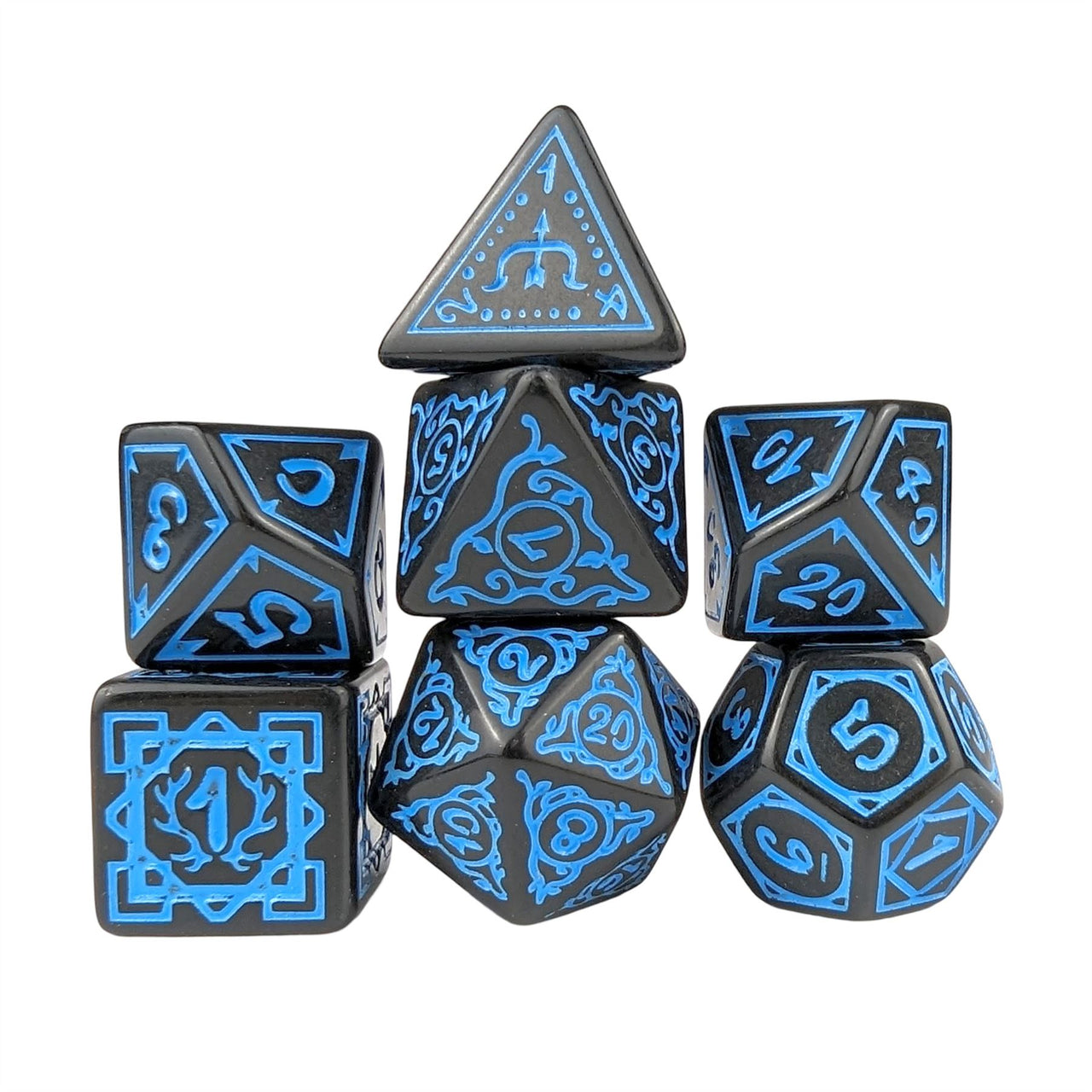 Blue Vines on Black Acrylic - 7pcs RPG Full Dice Set White Stack