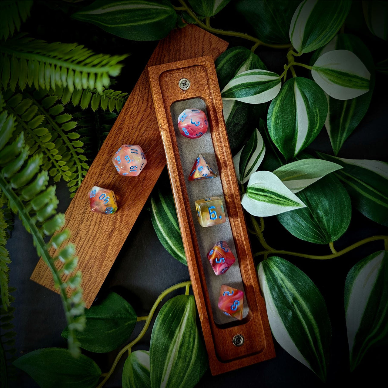 Blend of White & Orange Acrylic - 7pcs RPG Full Dice Set Box Setup