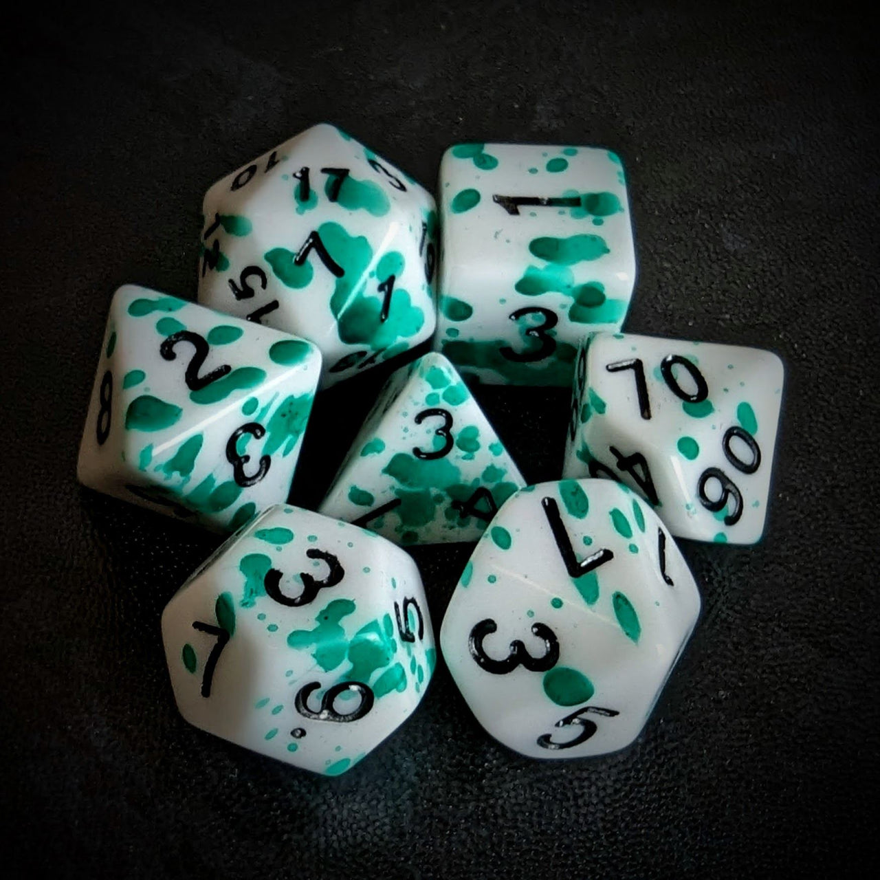 Green Blood Splatter on White Acrylic - 7pcs RPG Full Dice Set Top