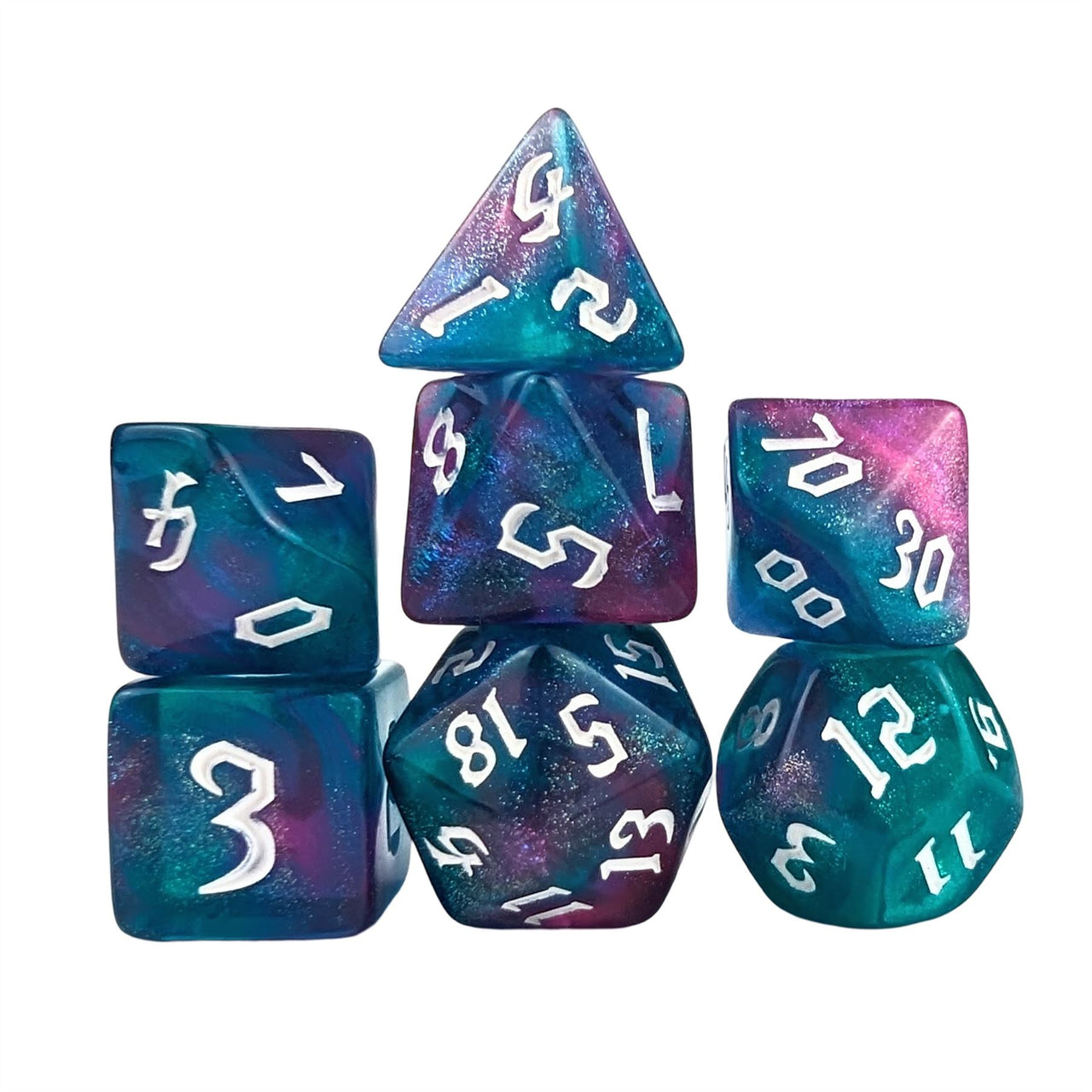 Glitter in Blue & Pink Acrylic - 7pcs RPG Full Dice Set White Stack