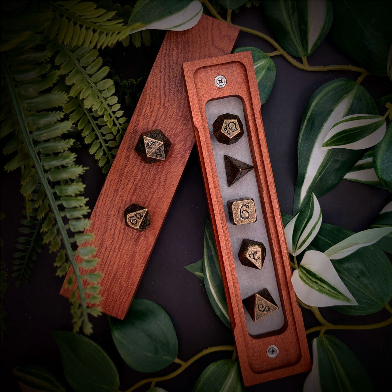 Bronze Metal with Black Dragon Font - 7pcs RPG Dice Set