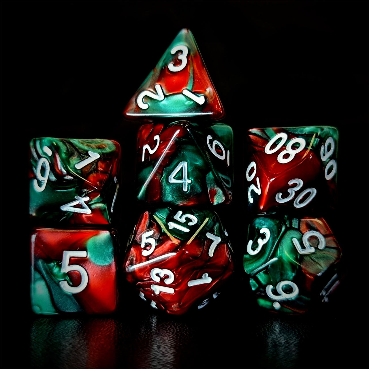 Blend of Red & Green Acrylic - 7pcs RPG Full Dice Set Dark Stack