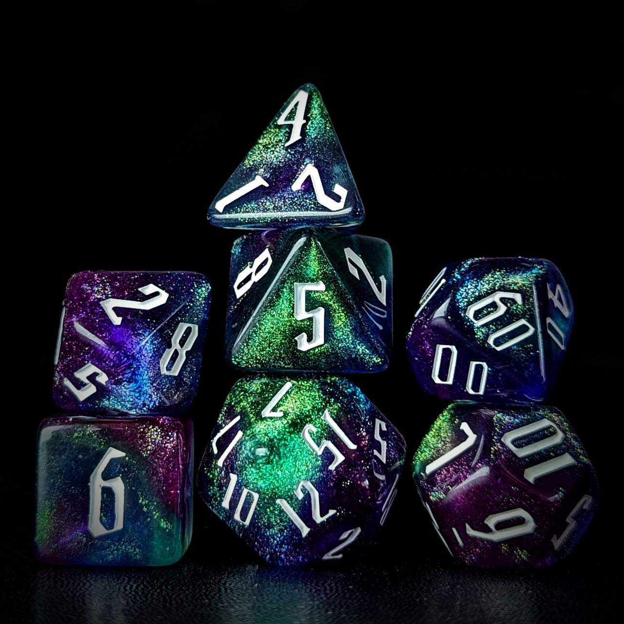 Glitter in Blue & Purple Acrylic - 7pcs RPG Full Dice Set Dark Stack