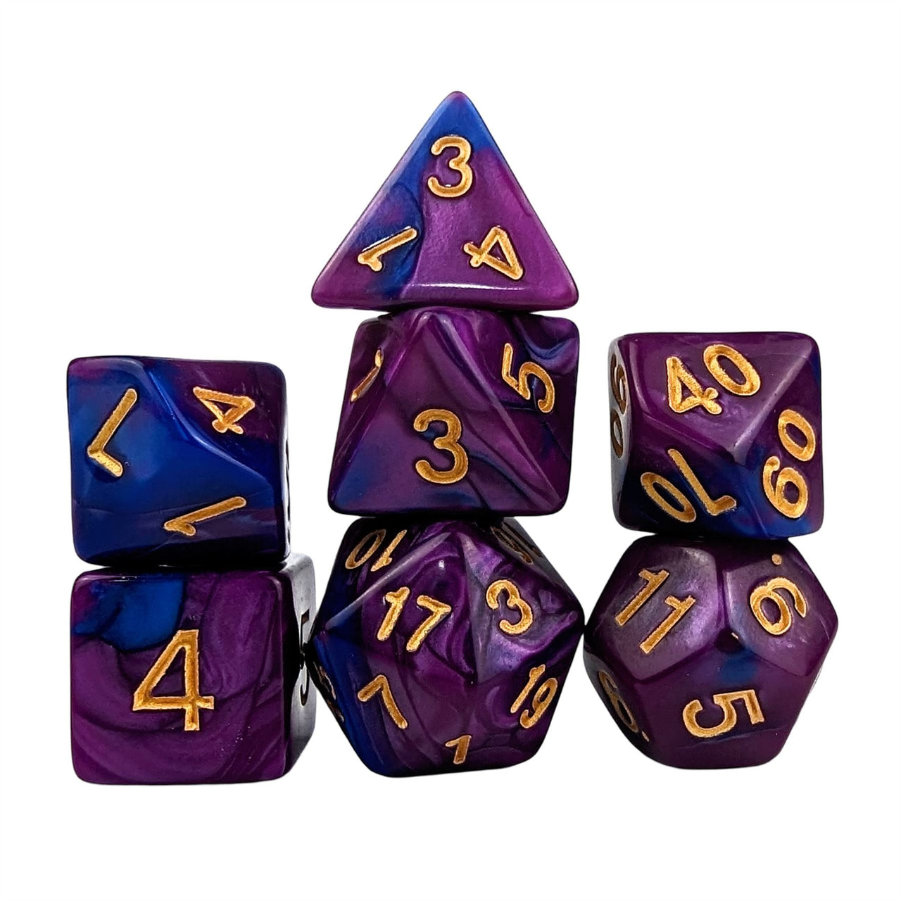 Blend of Purple & Blue Acrylic - 7pcs RPG Full Dice Set White Stack