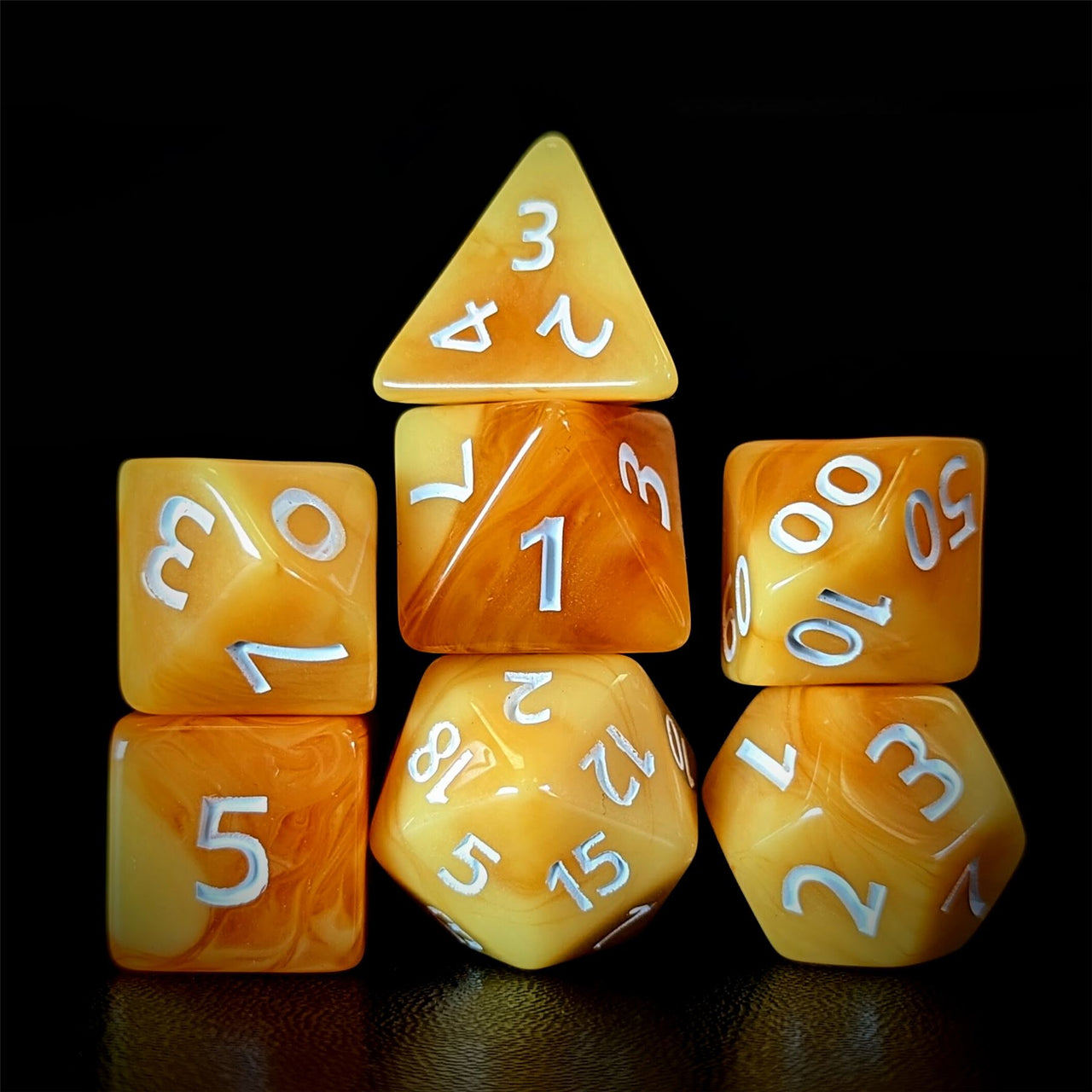 Blend of Orange & Yellow Acrylic - 7pcs RPG Full Dice Set Dark Stack