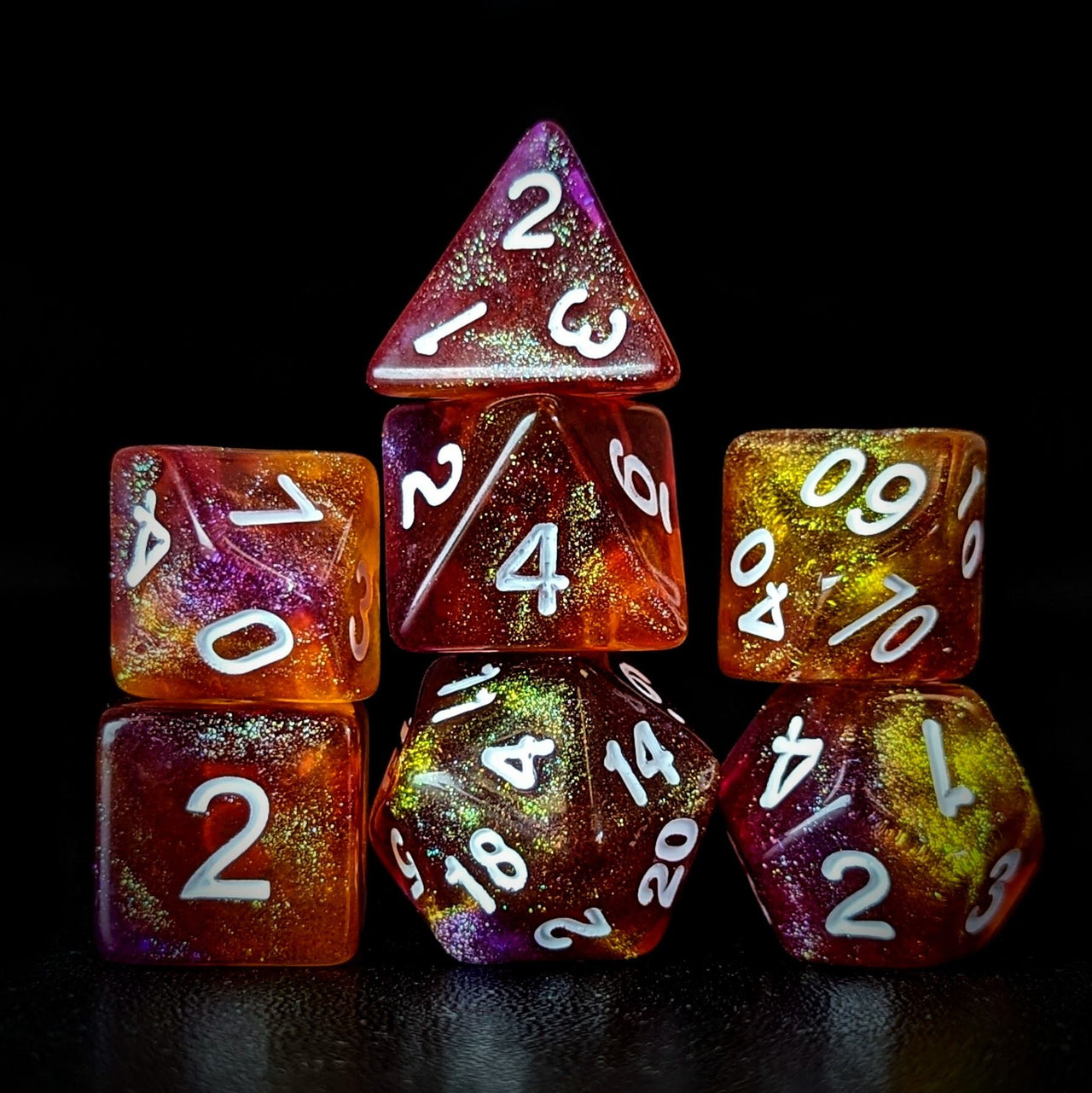 Glitter in Orange & Pink Acrylic - 7pcs RPG Full Dice Set Dark Stack