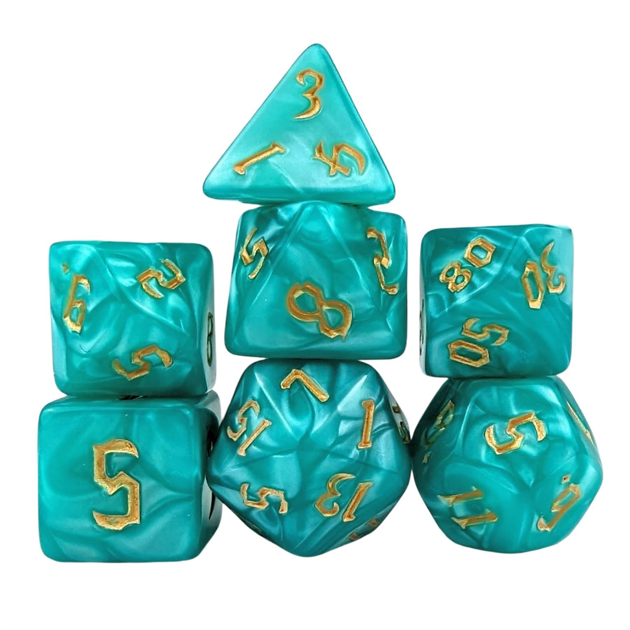 Teal Silk Acrylic - 7pcs RPG Full Dice Set White Stack