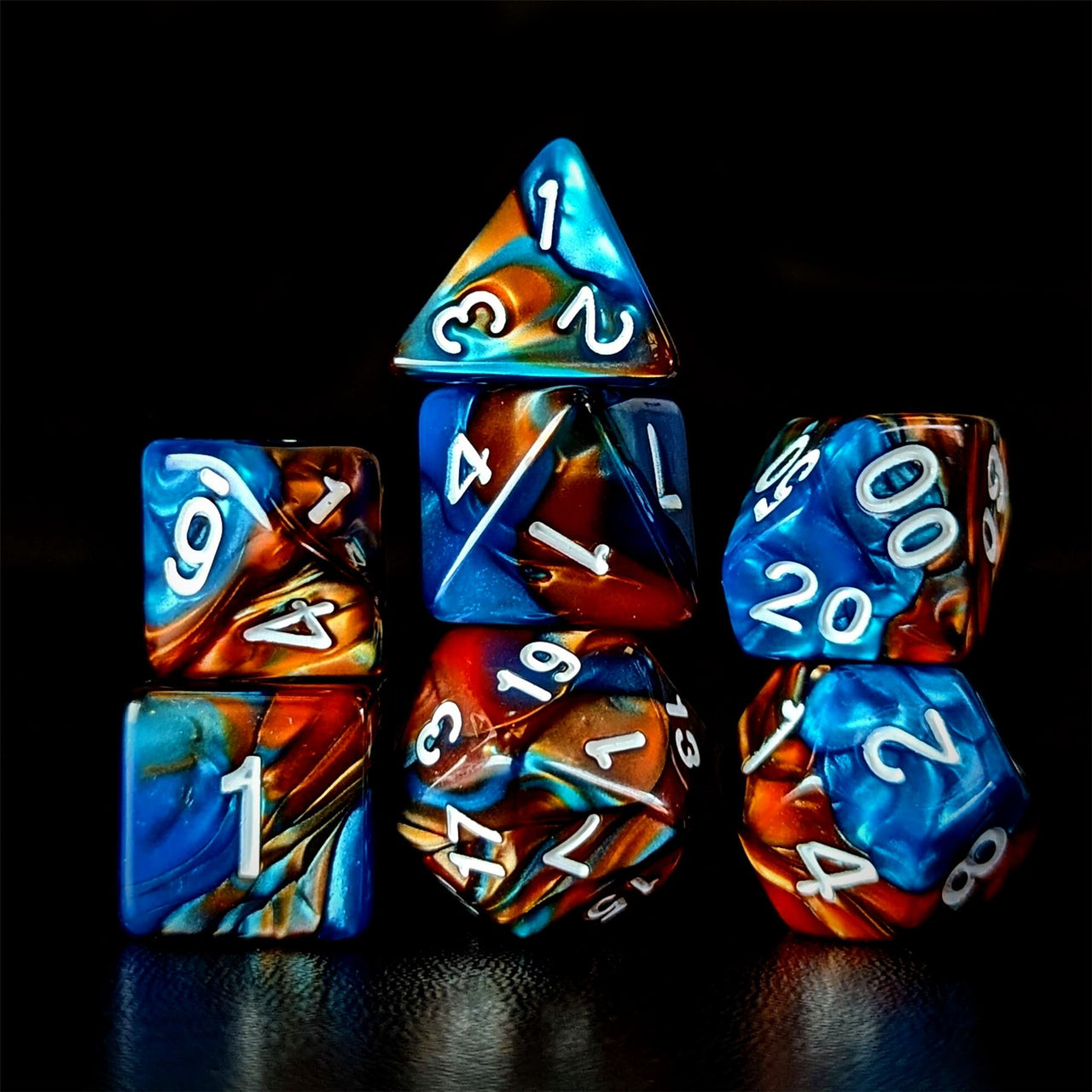 Blend of Orange & Blue Acrylic - 7pcs RPG Full Dice Set Dark Stack