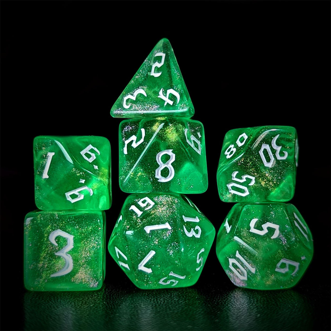 Glitter in Green Acrylic - 7pcs RPG Full Dice Set Dark Stack