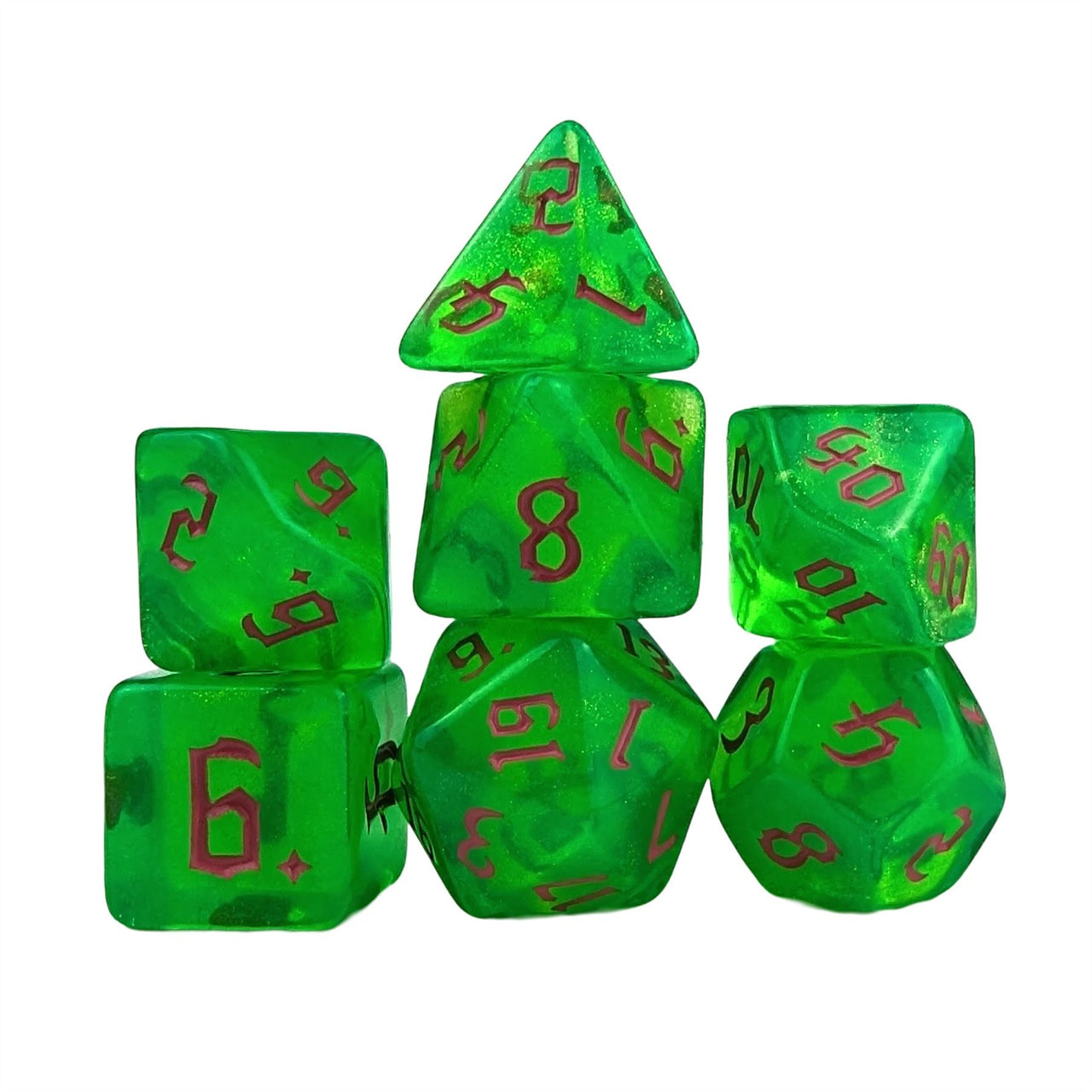 Glitter in Green Acrylic - 7pcs RPG Full Dice Set White Stack