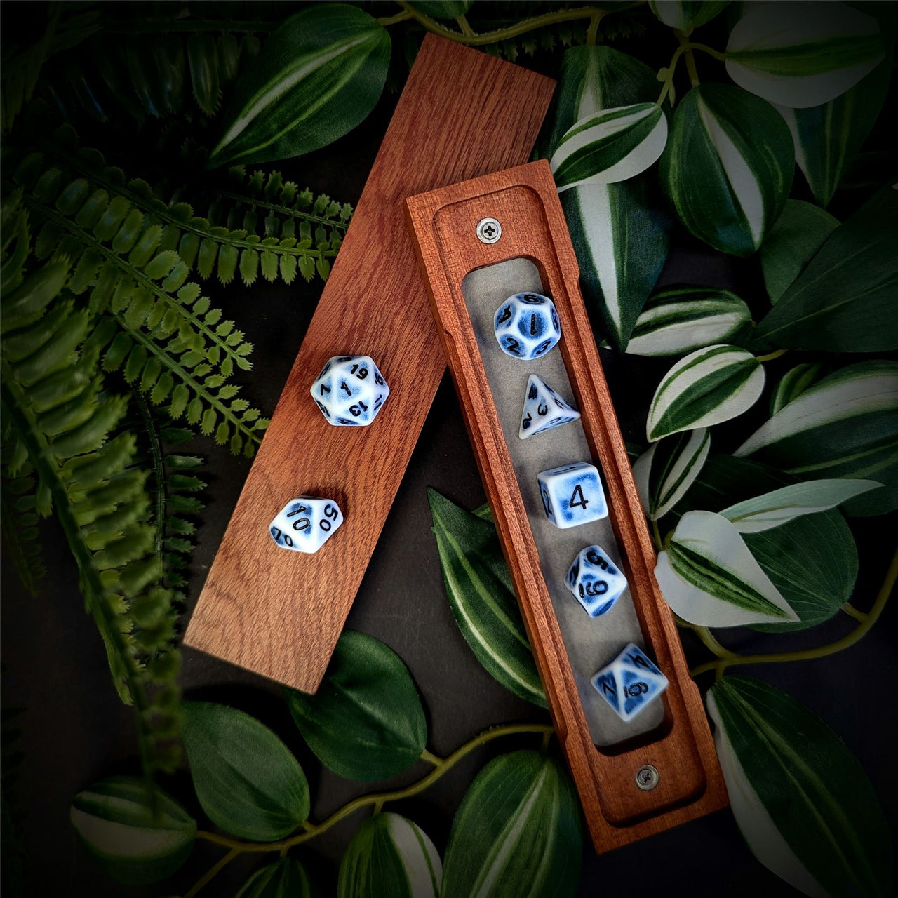 Washed Blue on White Acrylic - 7pcs RPG Full Dice Set Box Setup