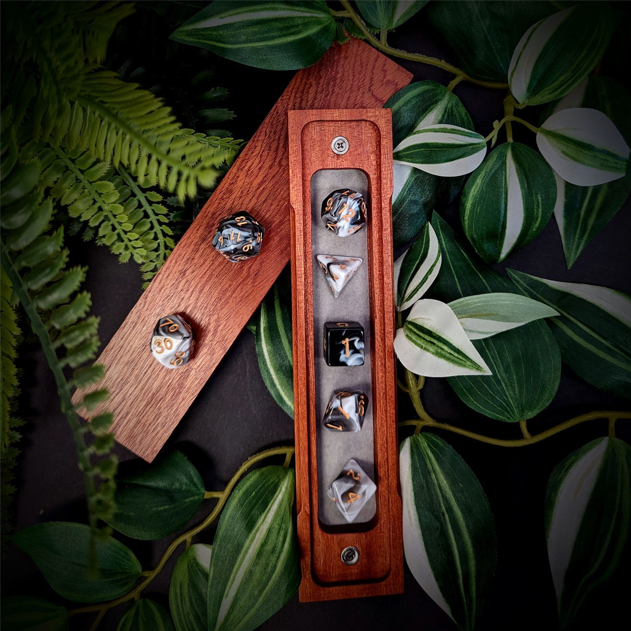 Blend of White & Black Acrylic - 7pcs RPG Full Dice Set Box Setup