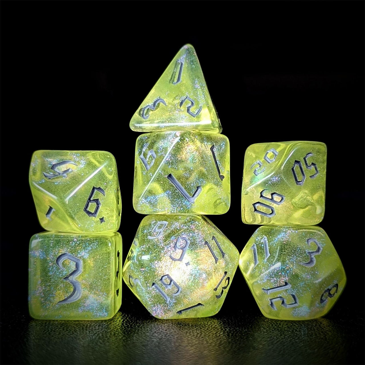 Glitter in Yellow Acrylic - 7pcs RPG Full Dice Set Dark Stack