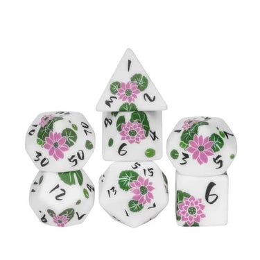 Handmande Pink Flowers on White Resin -  7pcs RPG Dice Set