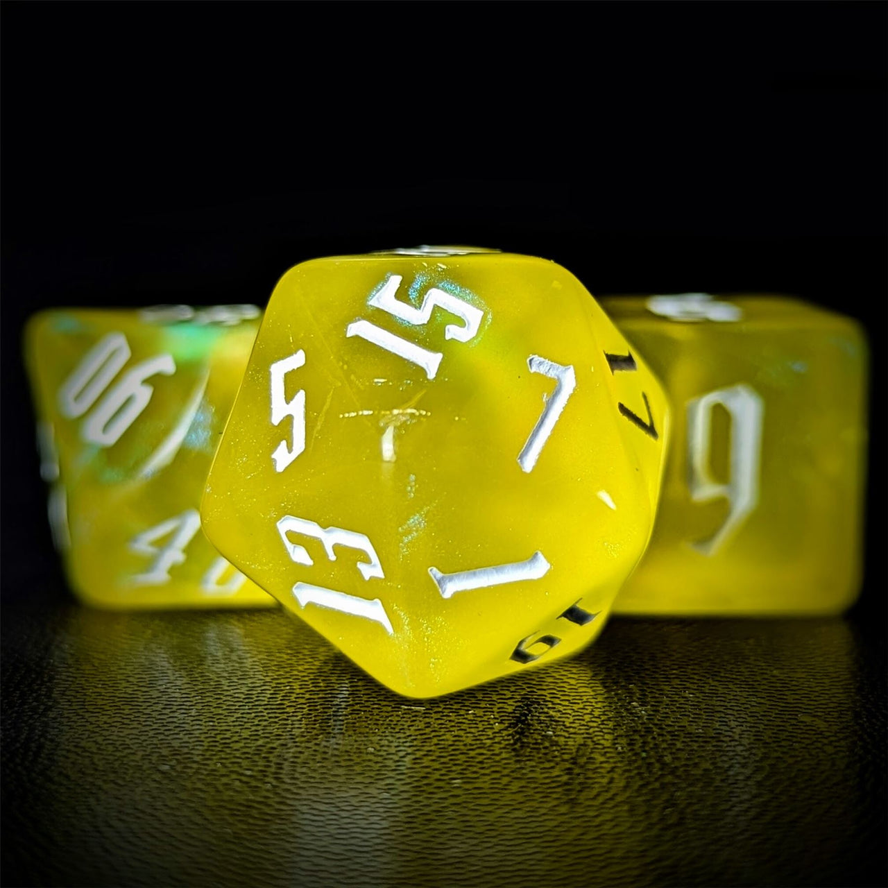 Glitter in Clear Yellow Acrylic - 7pcs RPG Full Dice Set Close