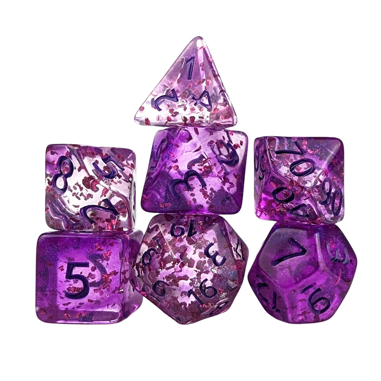 Glitter in Clear Pink Acrylic - 7pcs RPG Full Dice Set White Stack