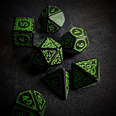 Green Vines on Black Acrylic - 7pcs RPG Full Dice Set Scatter
