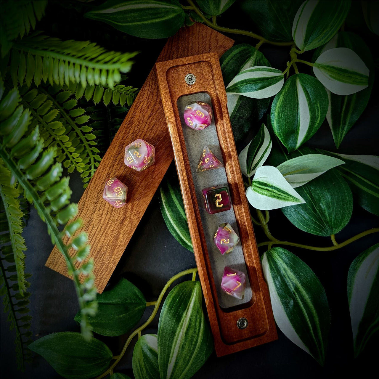 Blend of Green & Pink Acrylic - 7pcs RPG Full Dice Set Box Setup