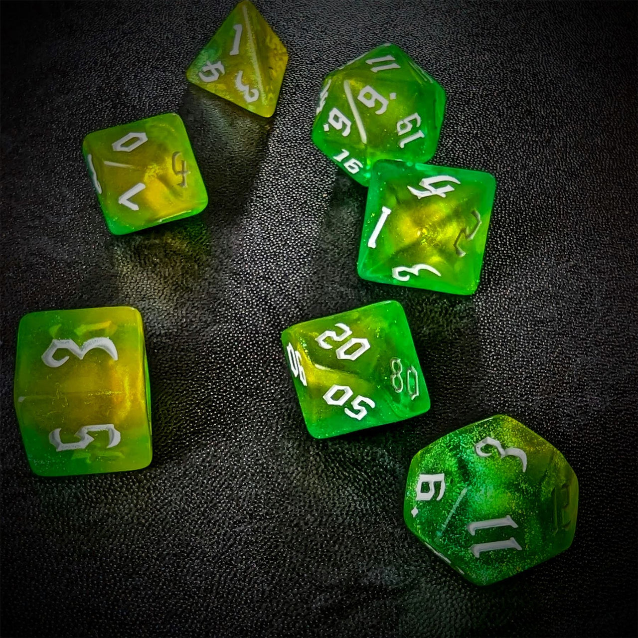 Glitter in Green & Yellow Acrylic - 7pcs RPG Full Dice Set Scatter