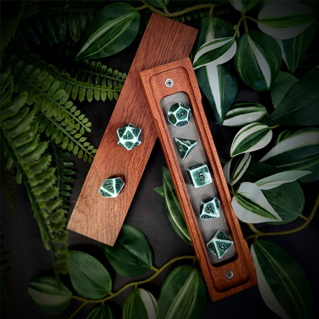 Washed Green on White Acrylic - 7pcs RPG Full Dice Set Box Setup