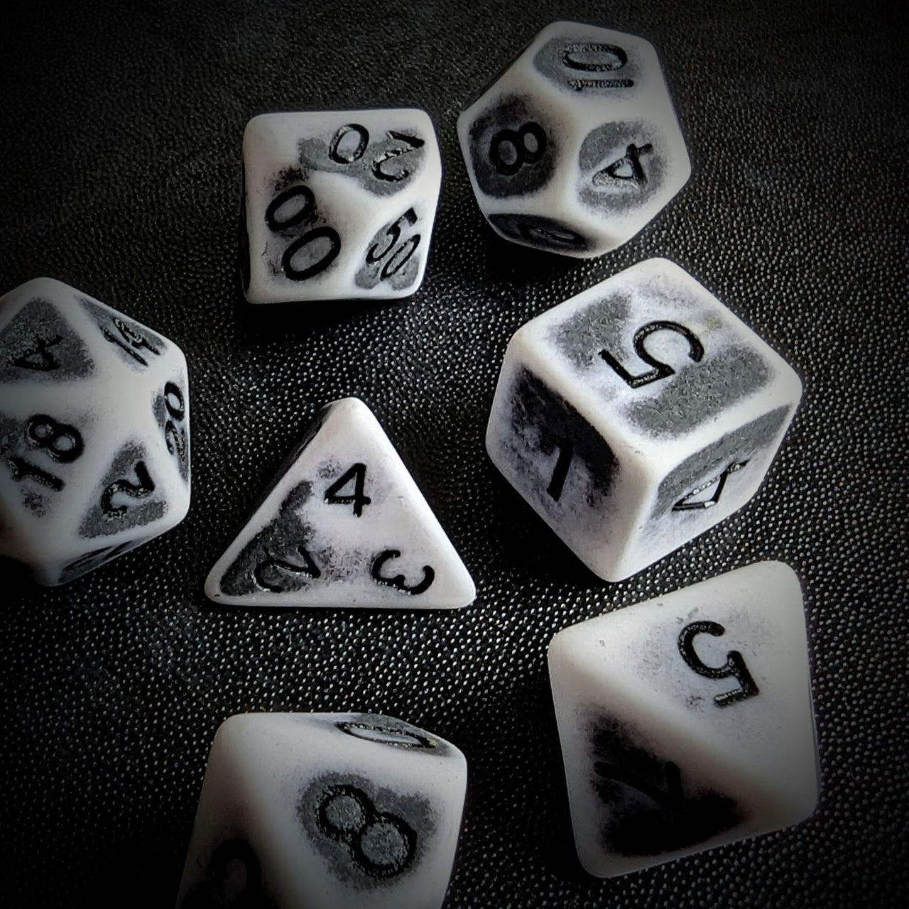 Washed Black on White Acrylic - 7pcs RPG Full Dice Set Scatter