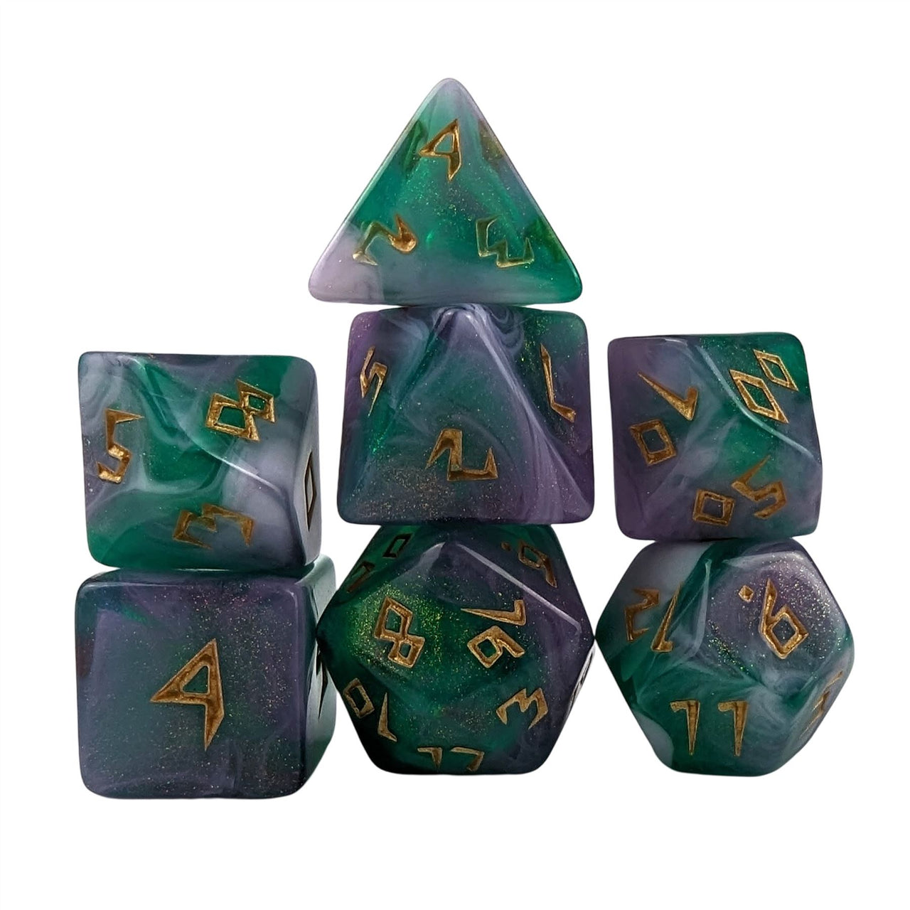 Glitter in Green & Purple Acrylic - 7pcs RPG Full Dice Set White Stack