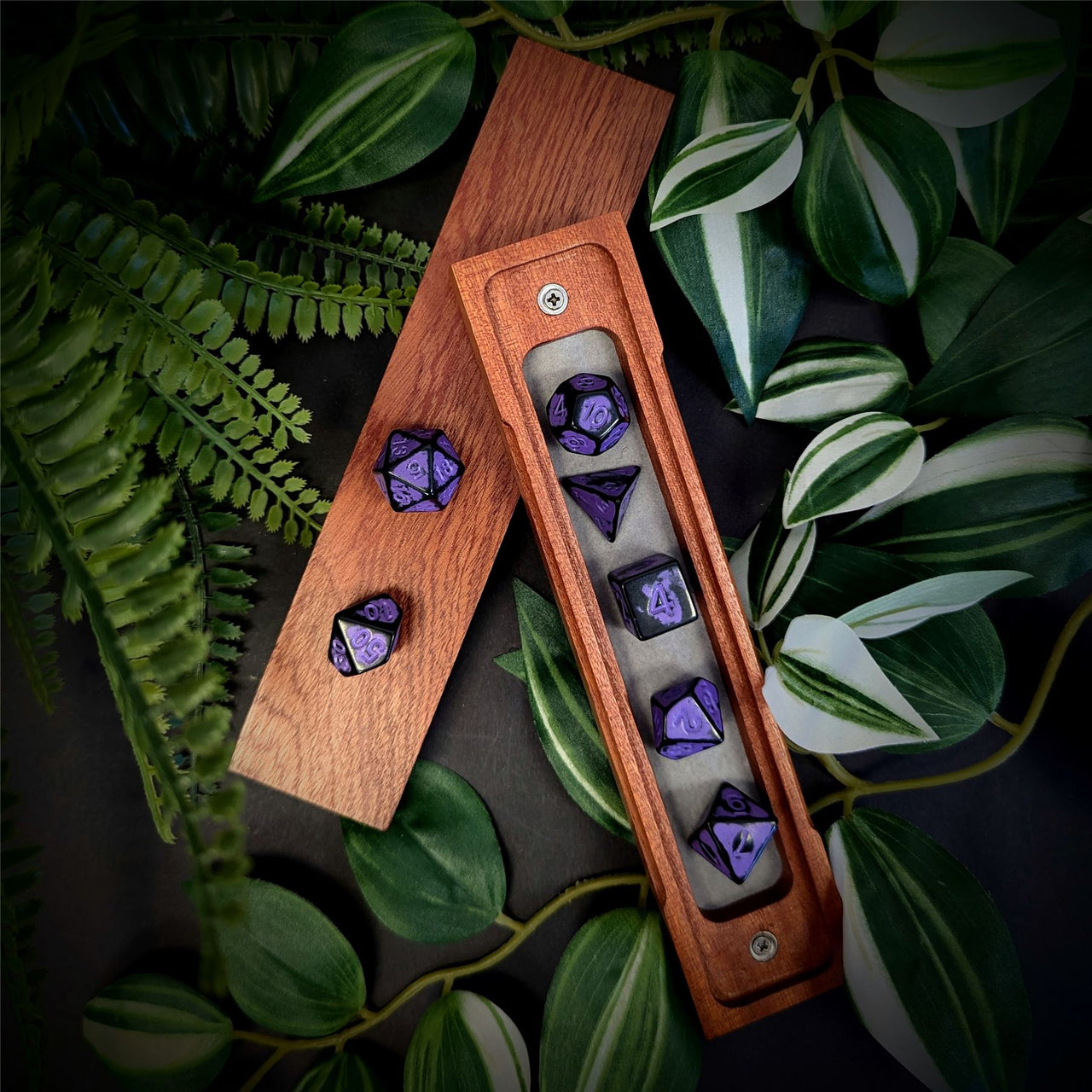 Washed Lilac on Black Acrylic - 7pcs RPG Full Dice Set Box Setup