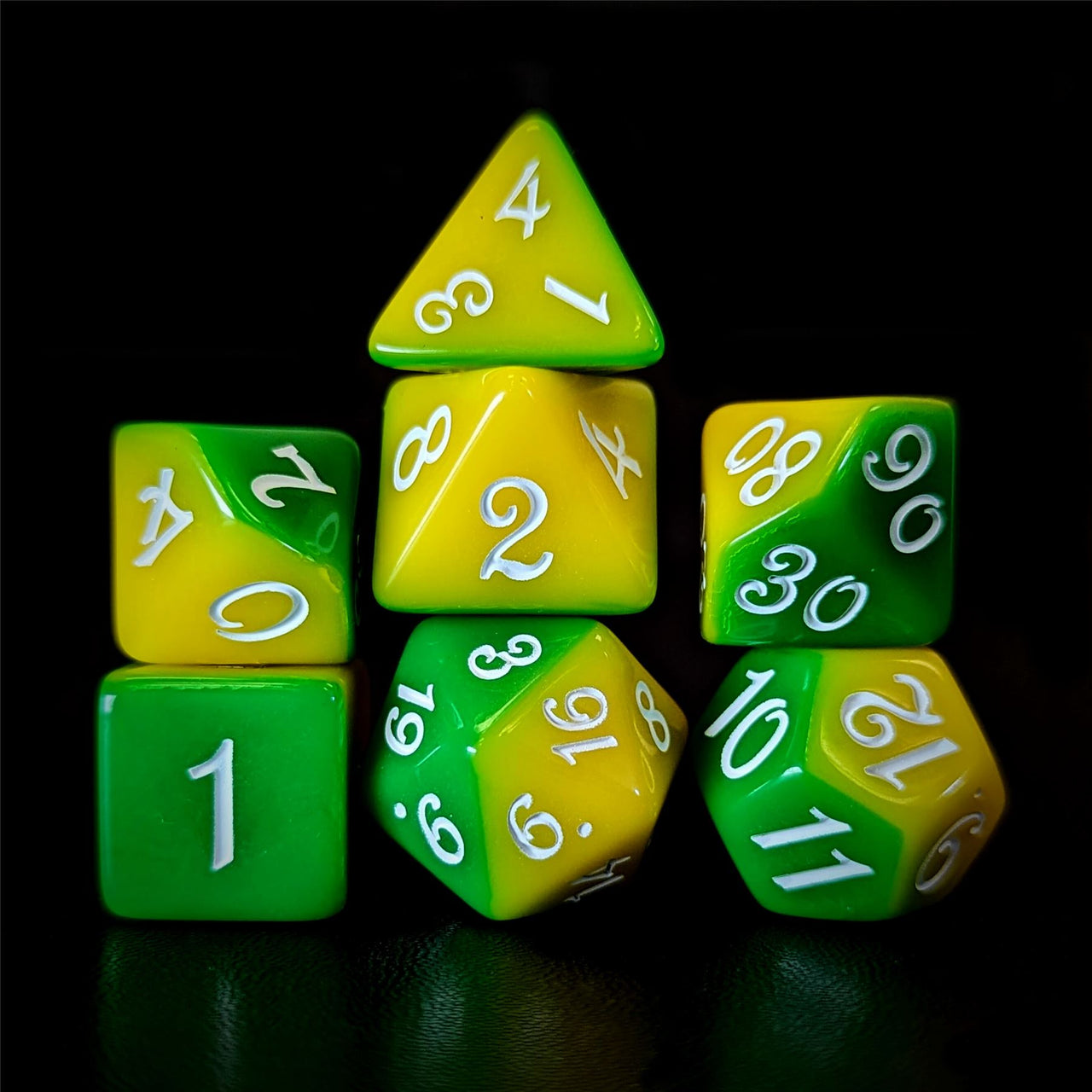 Blend of Yellow & Green Acrylic - 7pcs RPG Full Dice Set Dark Stack