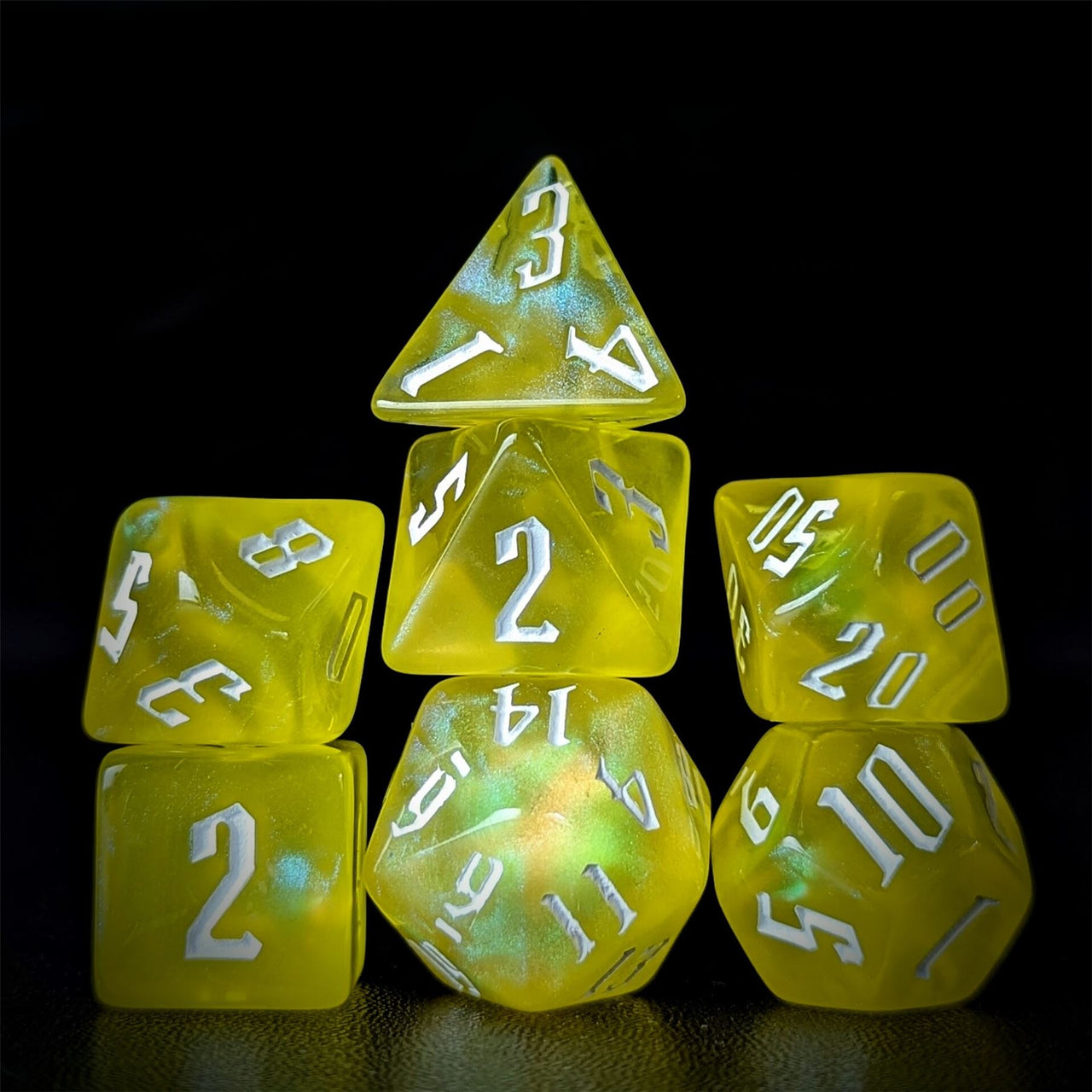 Glitter in Clear Yellow Acrylic - 7pcs RPG Full Dice Set Dark Stack