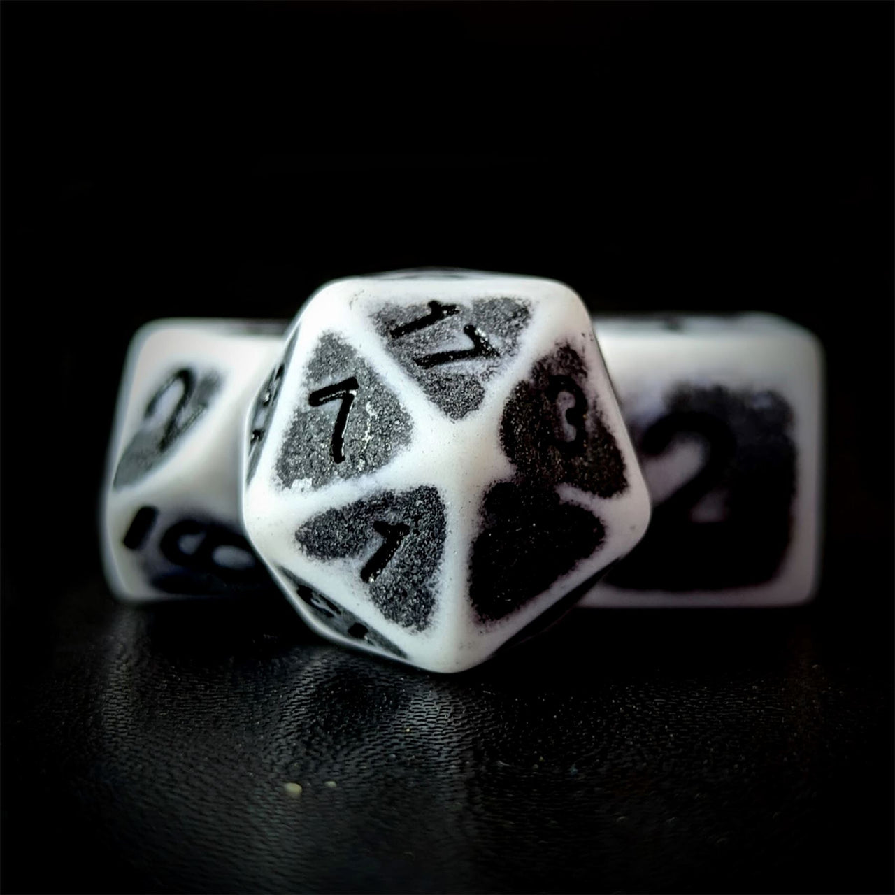 Washed Black on White Acrylic - 7pcs RPG Full Dice Set Close