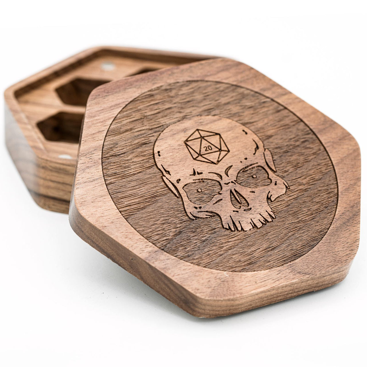 Skull on Walnut Wood with 7 Slots -  Magnetic Dice Storage