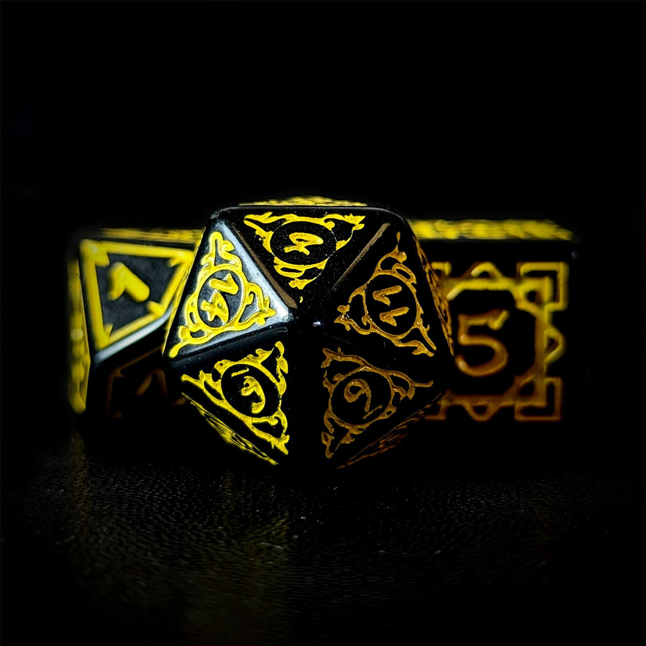 Yellow Vines on Black Acrylic - 7pcs RPG Full Dice Set Close